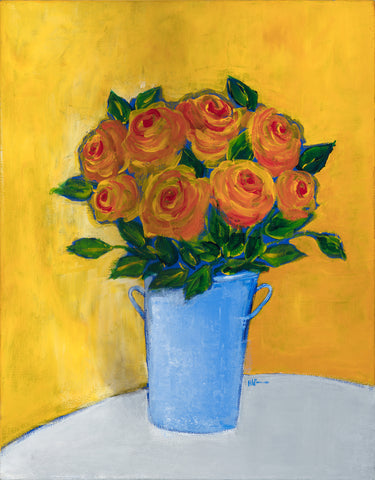 Orange Roses in Periwinkle Bucket