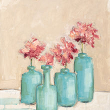 Geraniums in Blue Bottles