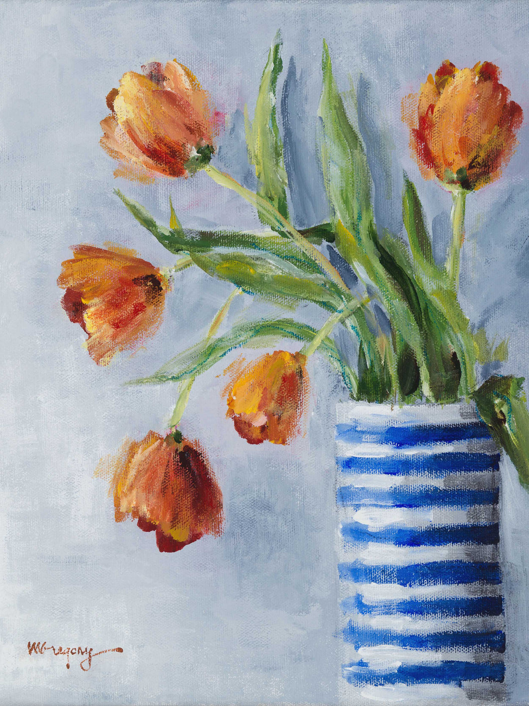 Orange Tulips - Striped Vase