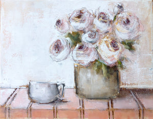 Roses and Cup on Pink Stripe