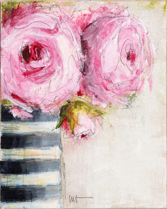 Pink Roses - Black and White Striped Vase