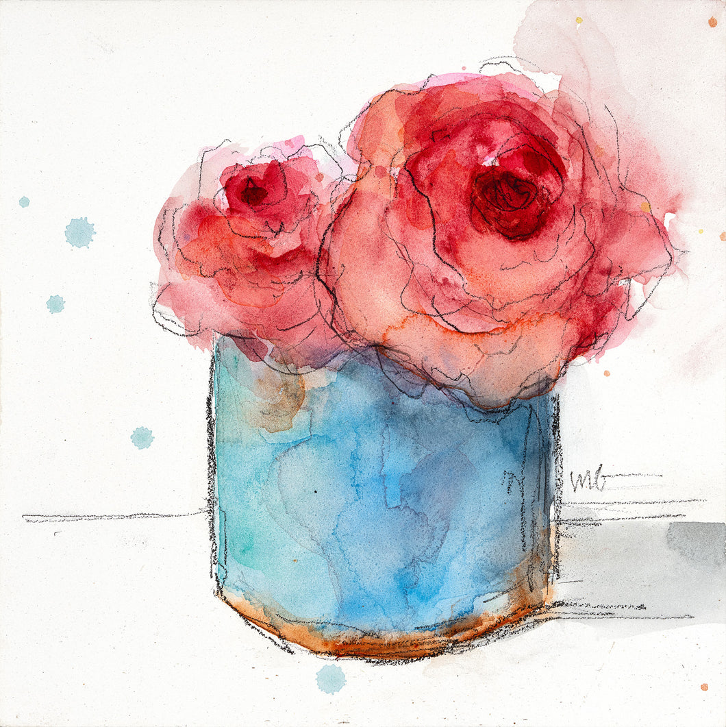 Roses in Blue Vase Watercolor