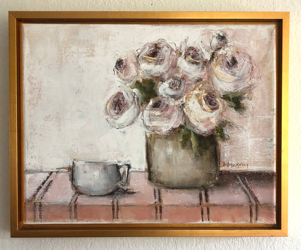 Pink Striped Table with Flowers and Teacup