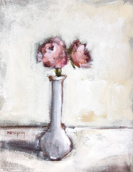 Pink Roses in White Vase