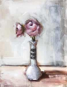 Pink Roses in Black Striped Vase